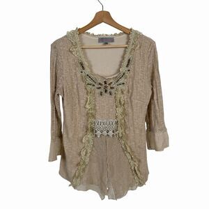 Pretty Angel Top Womens Large Tan Beige Lace Whimsy Ruffled Fairy Artsy 90s